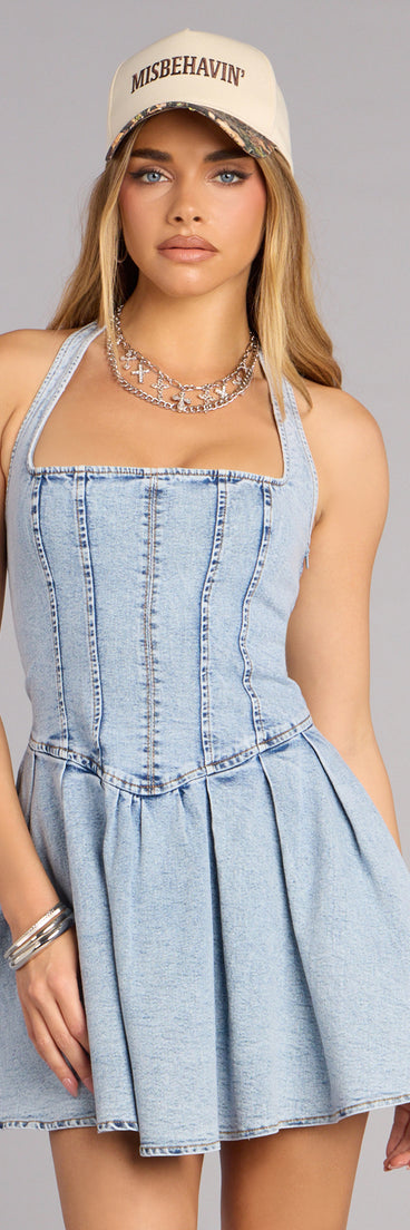 Darling Charm Halter Pleated Denim Skater Dress | Windsor Darling Charm Halter Pleated Denim Skater Dress | Windsor