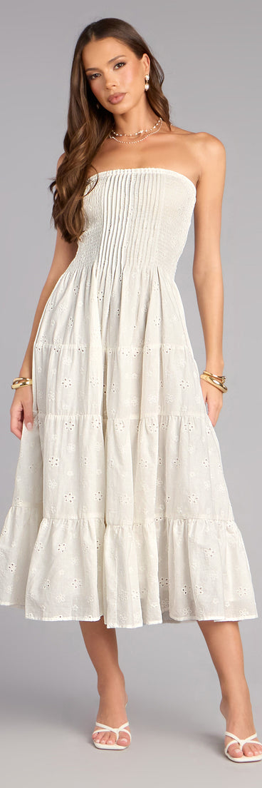 Daytime Vibe Floral Eyelet Strapless Midi Dress | Windsor Daytime Vibe Floral Eyelet Strapless Midi Dress | Windsor