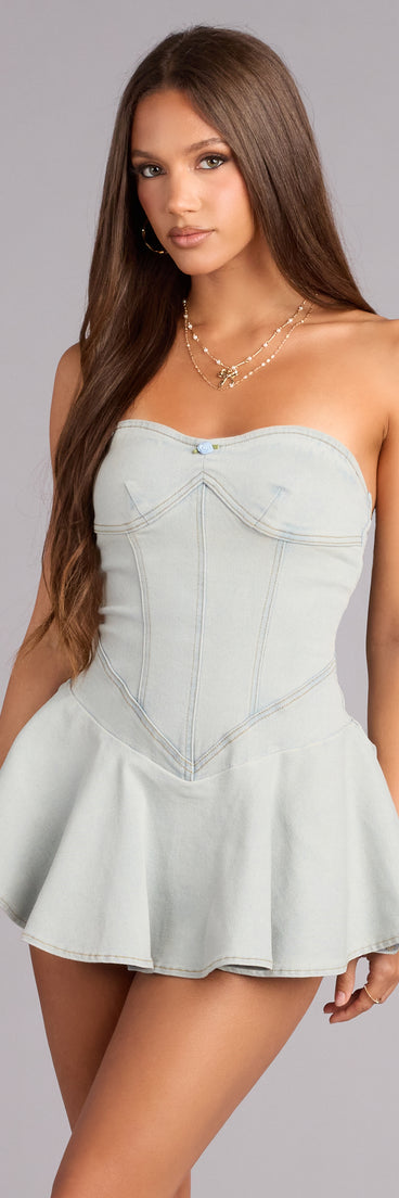 Uniquely Darling Strapless Pleat Skater Denim Mini Dress | Windsor Uniquely Darling Strapless Pleat Skater Denim Mini Dress | Windsor