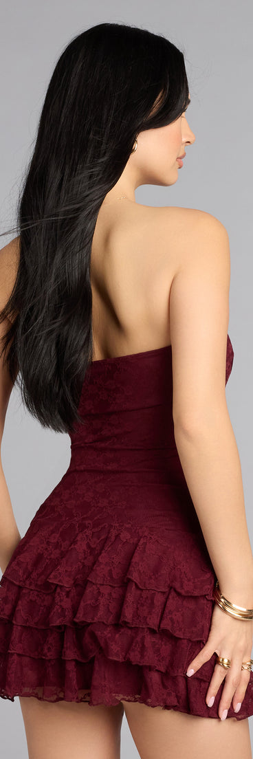 Flirt First Strapless Lace Tiered Mini Dress