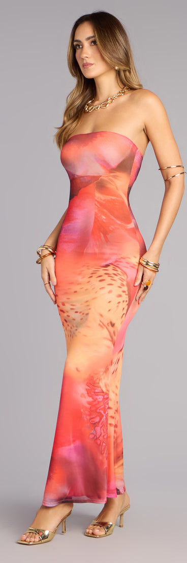 strapless orange maxi dress Sunset Stunner Mesh Strapless Midi Dress in Orange | Size: M | Mesh Fabric/Mesh Fabric