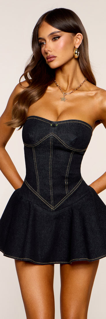 Uniquely Darling Strapless Pleat Skater Denim Mini Dress