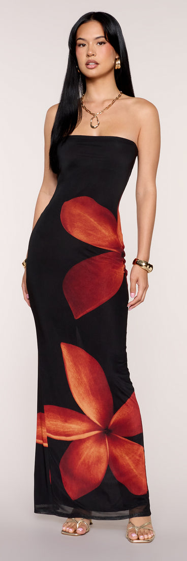 Vacay Mode Tropical Floral Maxi Tube Dress in Black | Size: M | Knit Fabric/Mesh Fabric