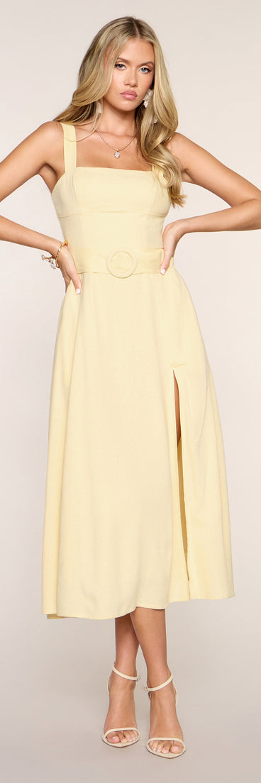 Brunch Booked Linen-Blend Midi Dress in Yellow | Size: S