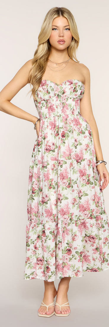 Fresh Cut Florals Strapless Midi Dress