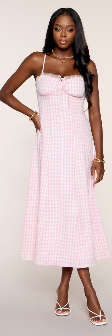 Windsor Brunch Booked Gingham Print A-Line Midi Dress in Pink | Size: M Windsor Brunch Booked Gingham Print A-Line Midi Dress in Pink | Size: M