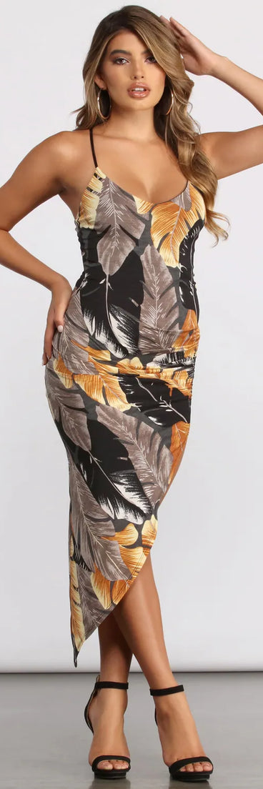 Tropical Moment Sleeveless Asymmetrical Ruched Midi Dress