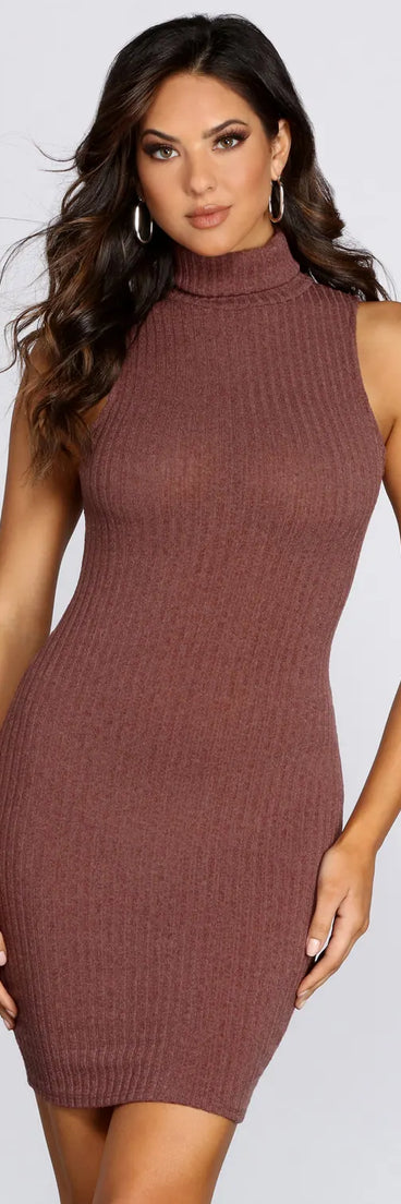 Turtleneck Ribbed Knit Mini Dress