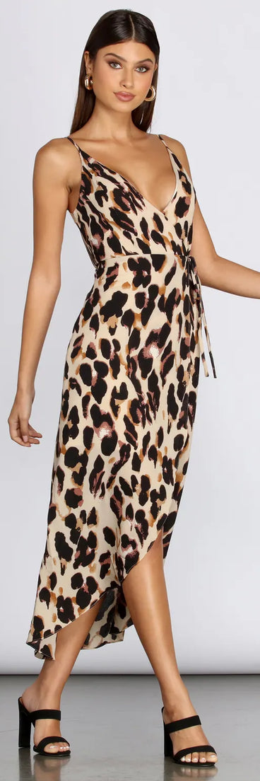 Leopard Print Wrap Front Midi Dress