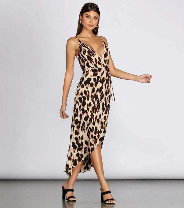 Leopard Print Wrap Front Midi Dress