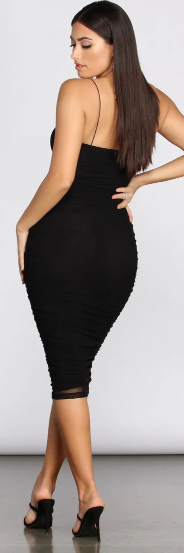 Sheer I Come Mesh Ruched Midi Dress