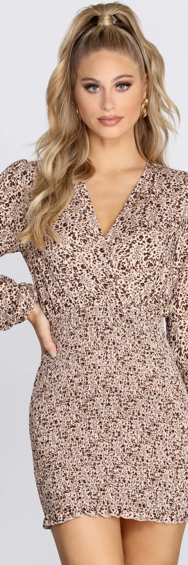 Leopard Print Surplice Smocked Mini Dress