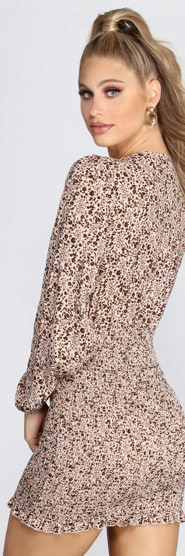 Leopard Print Surplice Smocked Mini Dress