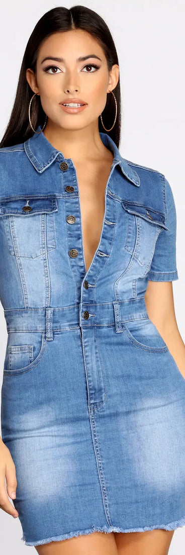 Button Up In Denim Frayed Dress