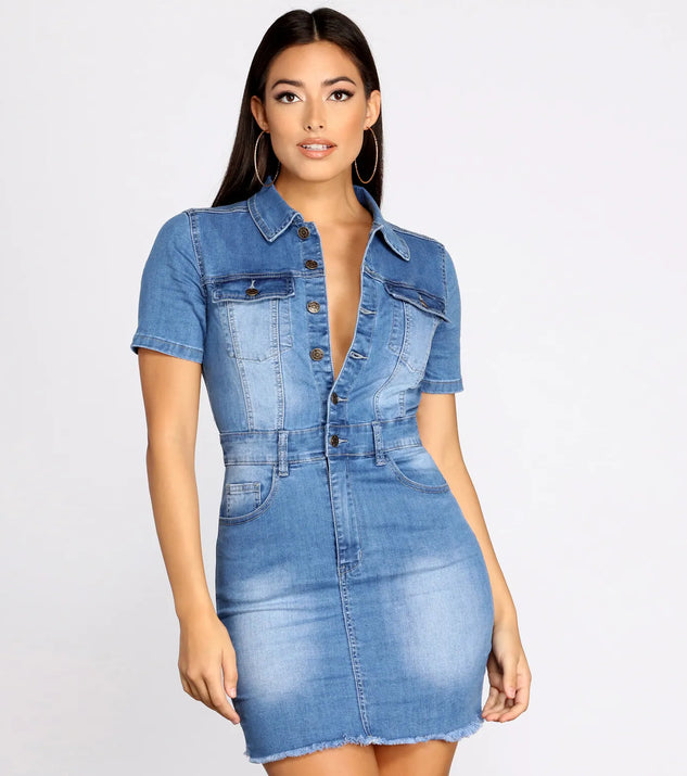 Button Up In Denim Frayed Dress
