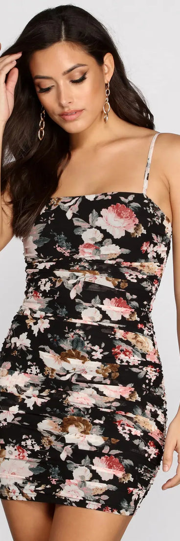 Romantic Floral Ruched Mini Dress