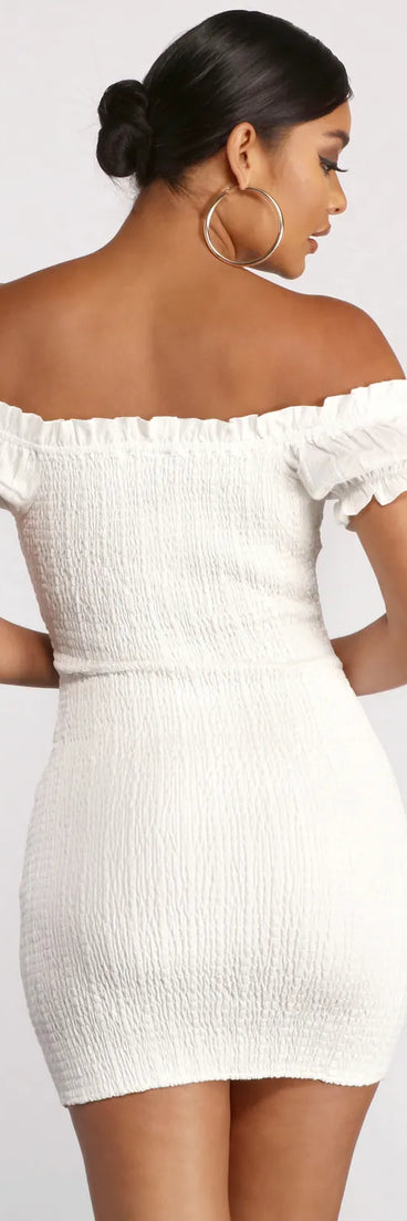 Show 'Em Off Shoulder Smocked Mini Dress