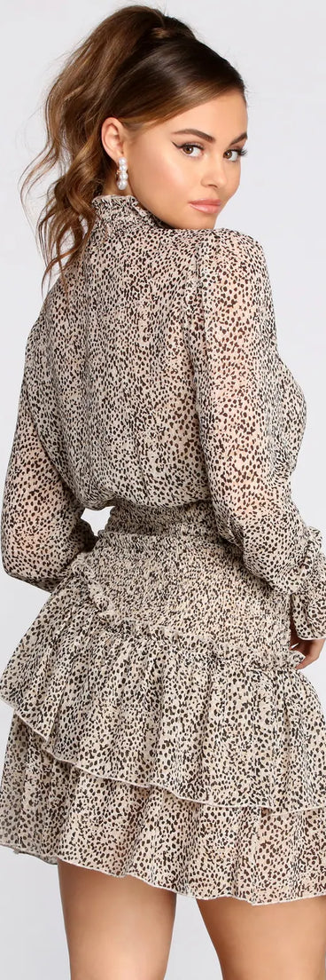 Falling For It Ruffled Chiffon Leopard Print Dress