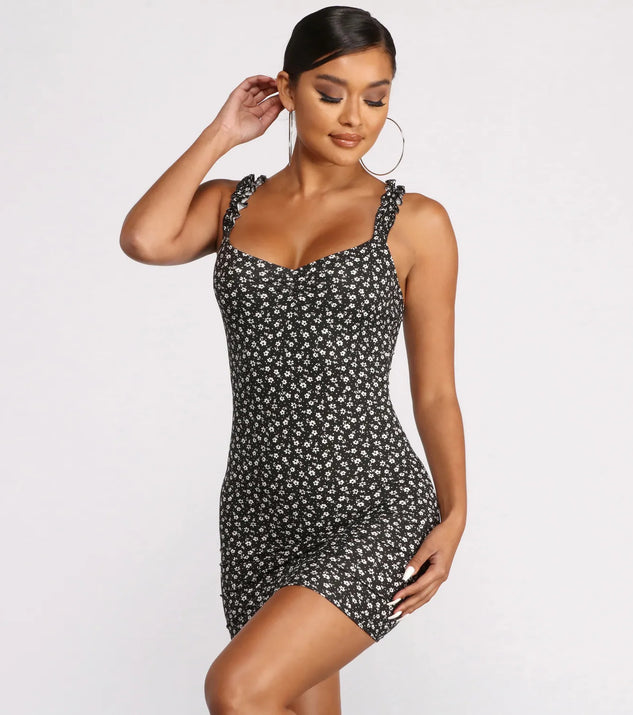 Sweetheart Neck Ruffled Ditsy Print Mini Dress