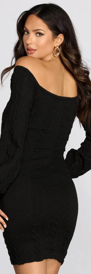 Cable Knit Off Shoulder Sweater Dress