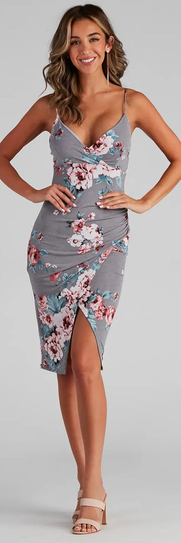 Floral Moment Asymmetrical High Slit Midi Dress