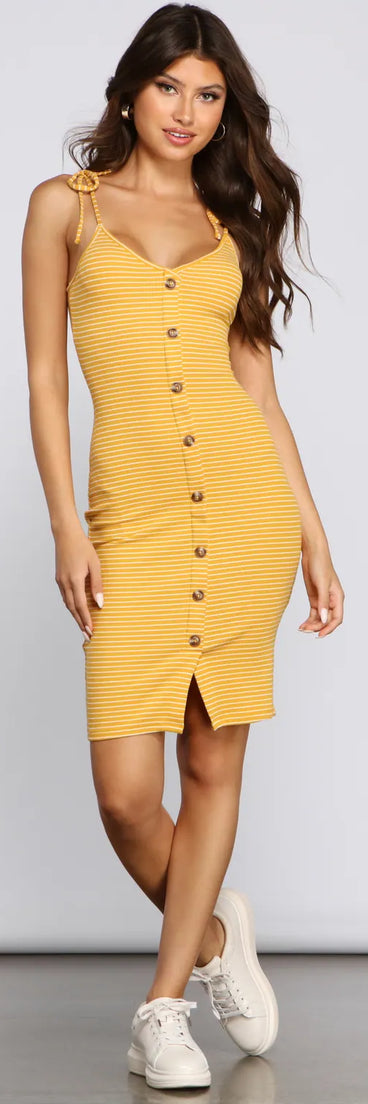 Buttoned In Sassy Stripes Midi Dress