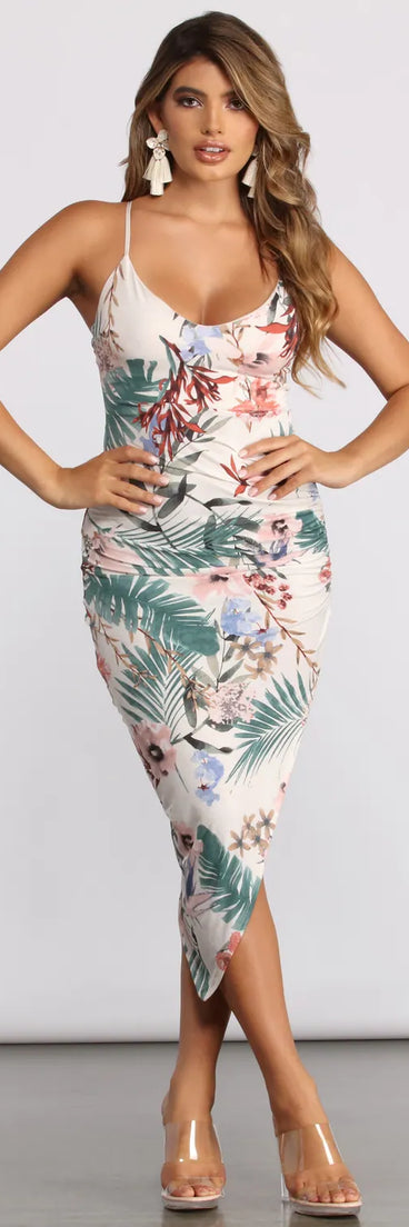 Tropical Getaway Sleeveless Asymmetrical Ruched Midi Dress