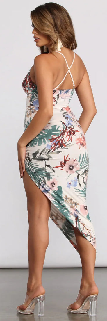 Tropical Getaway Sleeveless Asymmetrical Ruched Midi Dress