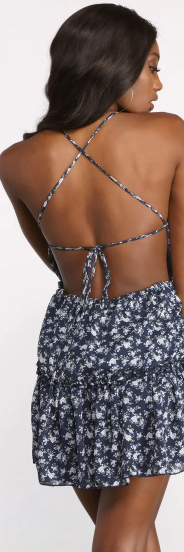 Sleeveless Crossback Floral Ruffled Mini Dress