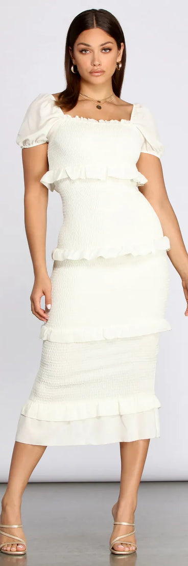 Ruffle Square Neck Smocked Midi Dress