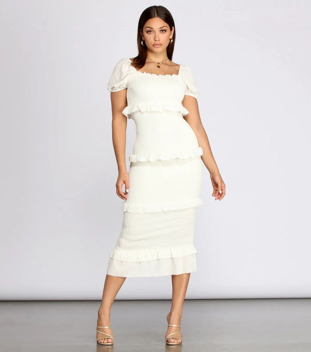 Ruffle Square Neck Smocked Midi Dress