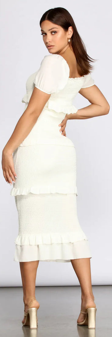 Ruffle Square Neck Smocked Midi Dress