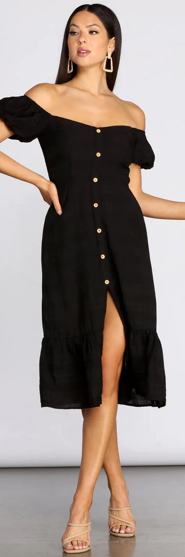 Off The Shoulder Button Front Midi Dress