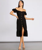 Off The Shoulder Button Front Midi Dress