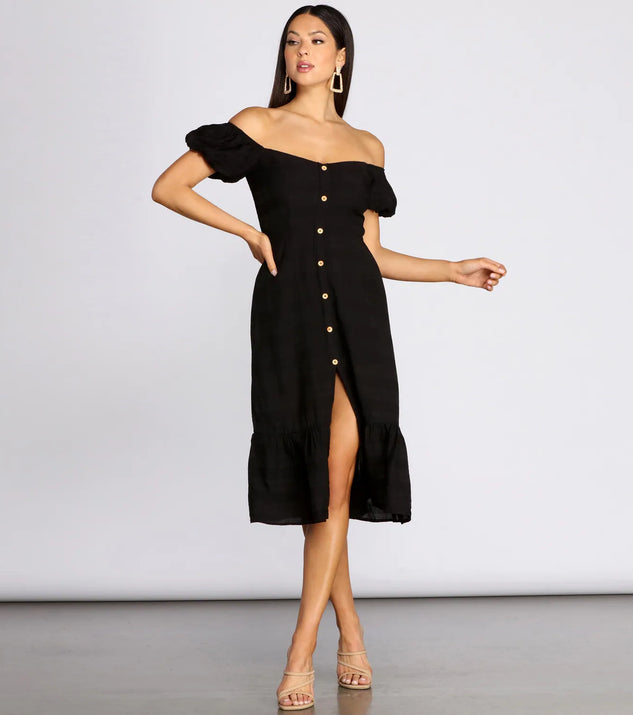 Off The Shoulder Button Front Midi Dress
