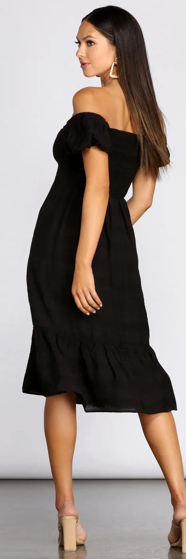 Off The Shoulder Button Front Midi Dress