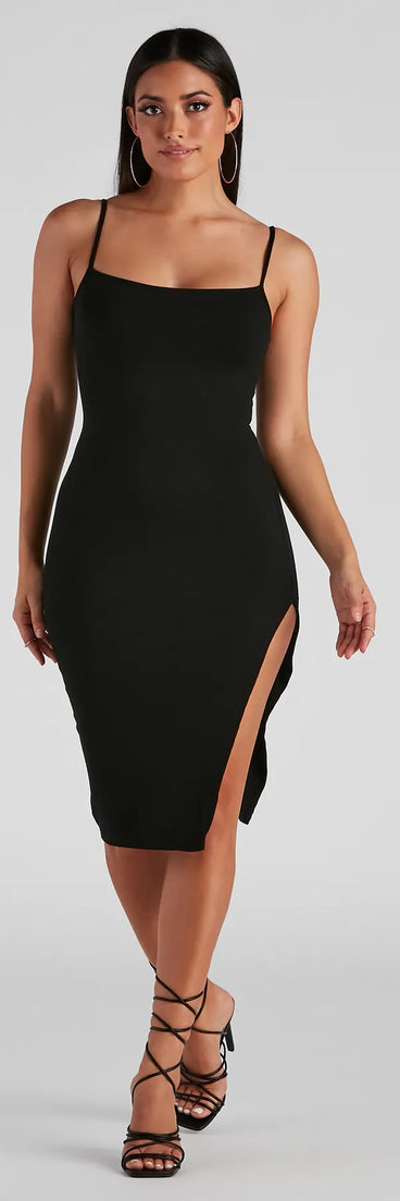 Sleek Sleeveless Square Neck Ribbed Knit Midi Dress