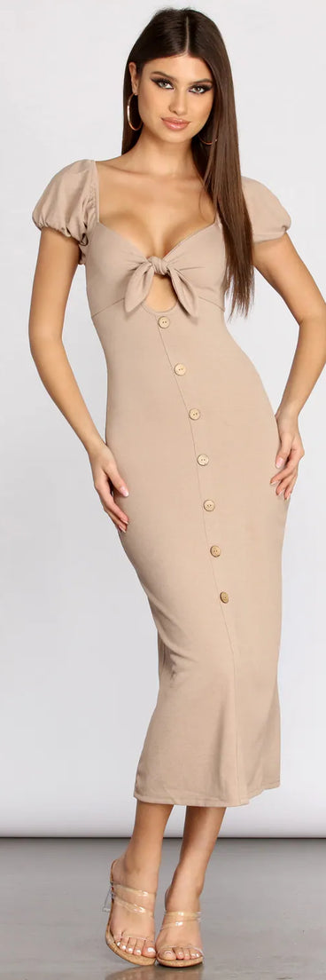 Button Down Tie Front Midi Dress