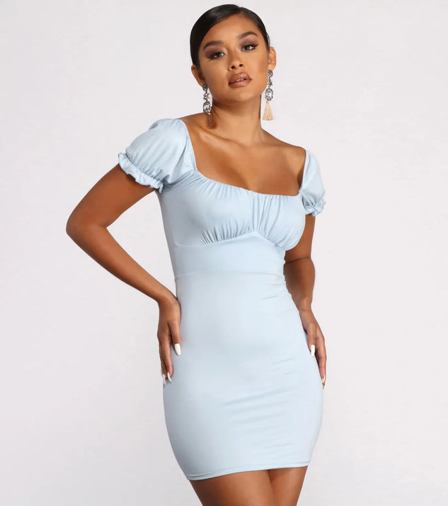 Puff Sleeve Ruched Knit Mini Dress