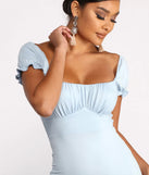 Puff Sleeve Ruched Knit Mini Dress