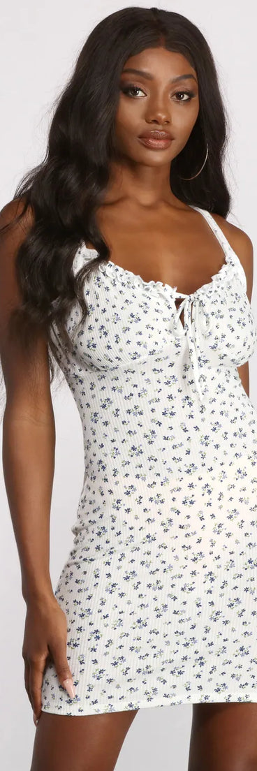 Ribbed Knit Ruffled Ditsy Floral Mini Dress