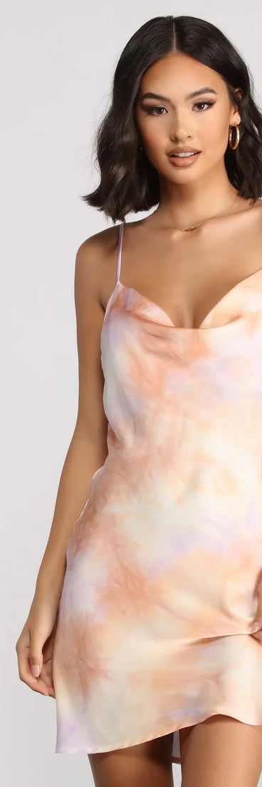 Tie-Dye Satin Cowl Neck Mini Dress