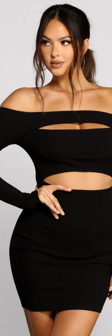 Off The Shoulder Ribbed Knit Cutout Mini Dress