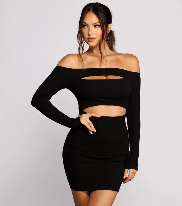 Off The Shoulder Ribbed Knit Cutout Mini Dress