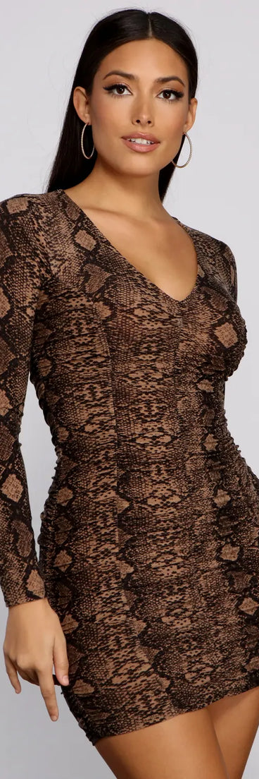 Sultry Ruched Snake Print Mini Dress