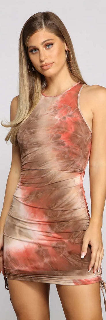 tie dye ruched mini dress Retro Glam Tie Dye Ruched Mini Dress