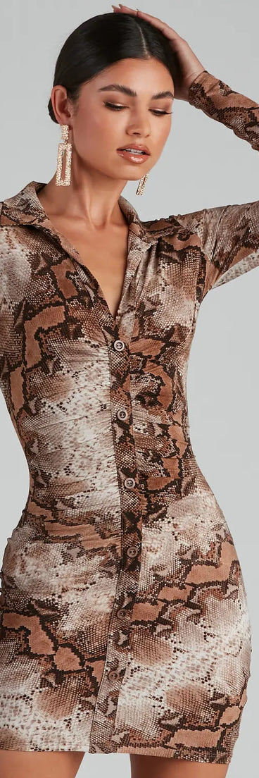 Stun In Snake Print Button-Down Dress