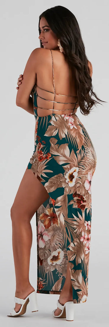 Tropical Flower Lattice Back Dress