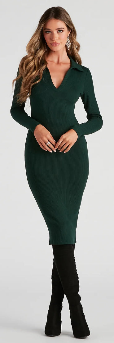 The Preppy Spirit Collared Midi Dress in hunter is a women's workwear essential with an elevated fabric and chic silhouette, ideal for layering and versatile enough to take your look from office chic to going-out ready!