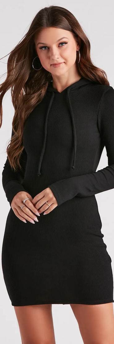 Step into seasonal chic with the Cute And Casual Knit Hoodie Dress, a black mini dress featuring an above-the-knee cut ideal for cocktail parties, festive gatherings, or clubwear.